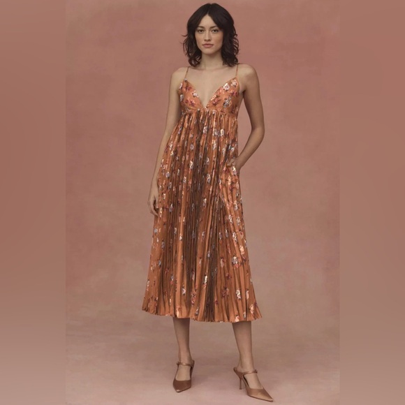 NWT BHLDN Maya Maya Pleated V-Neck Midi Dress Large Floral Rustic Wedding Formal - Picture 1 of 11